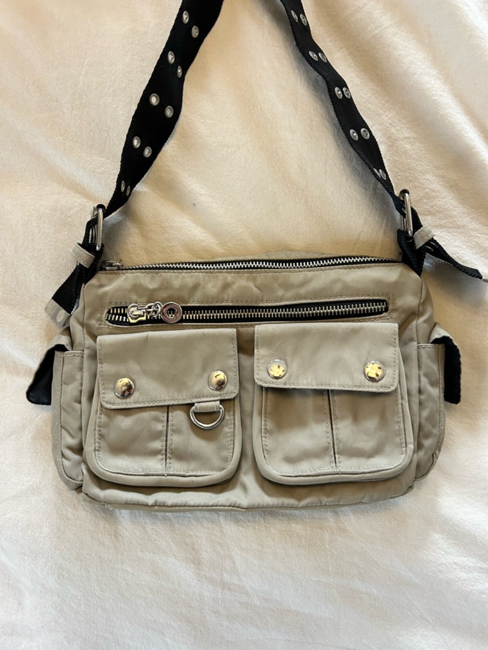 Canvas Utility Small Purse in Beige with Studded Strap